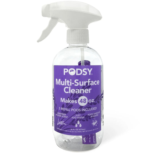 Podsy Multi-Surface Cleaning Set, 16 Fl Oz Bottle and 3 Refill Pods Make 48Oz, Just Add Water, Lavender Bloom Scent