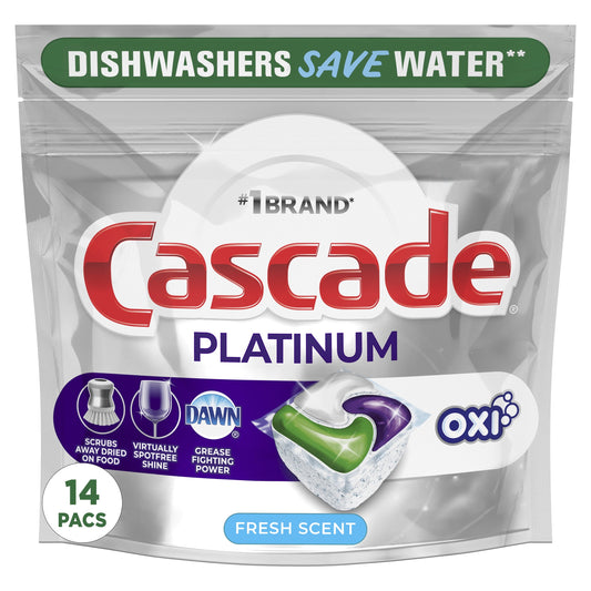 Cascade Platinum + Oxi Dishwasher Pods, Action Pacs Dishwasher Detergent Tabs, Fresh, 14 Count