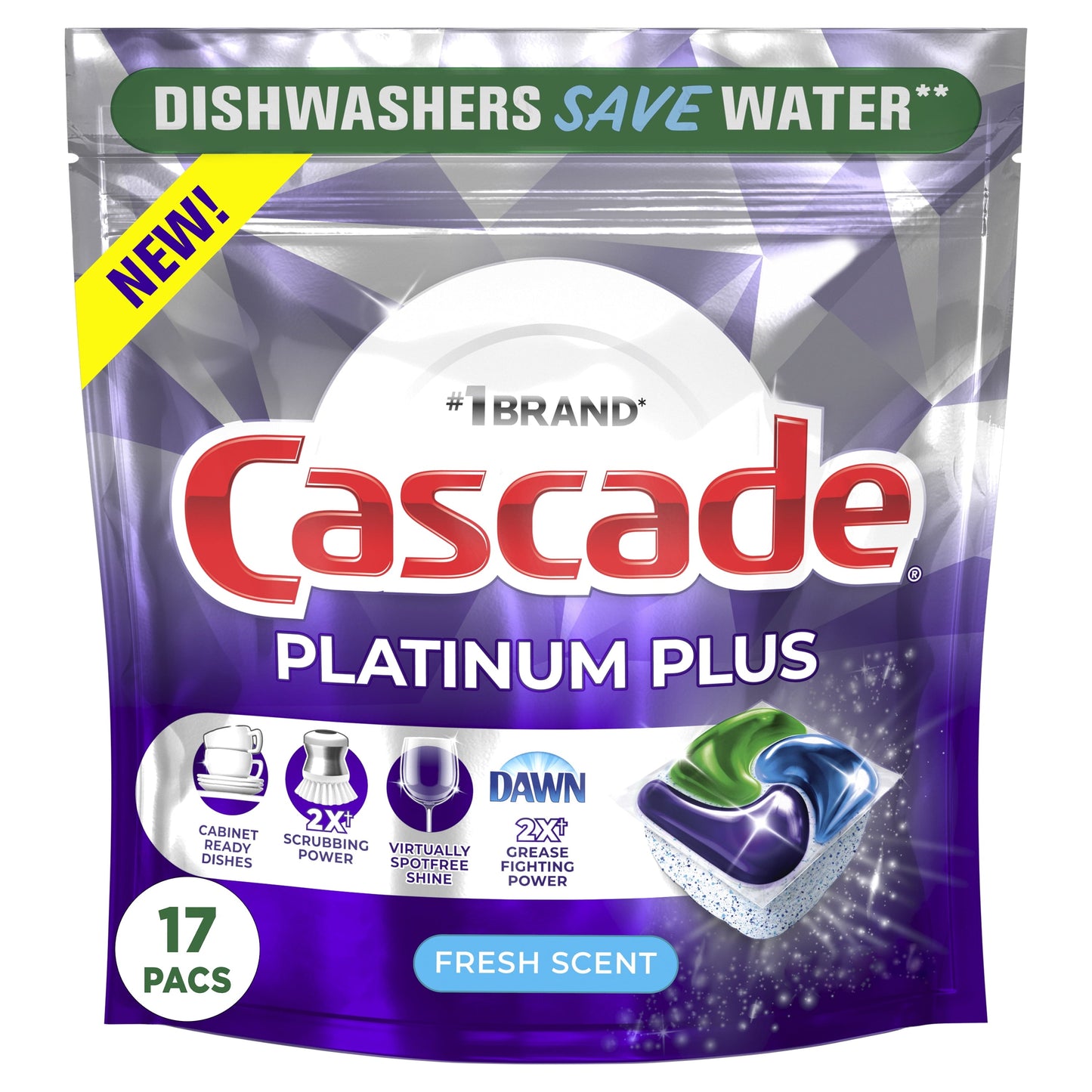 Cascade Platinum plus Dishwasher Pods, Action Pacs Dishwasher Detergent Tabs, Fresh, 17 Count