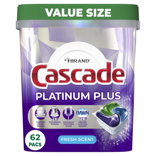 Cascade Platinum plus Dishwasher Pods, Action Pacs Dishwasher Detergent Tabs, Fresh, 62 Count