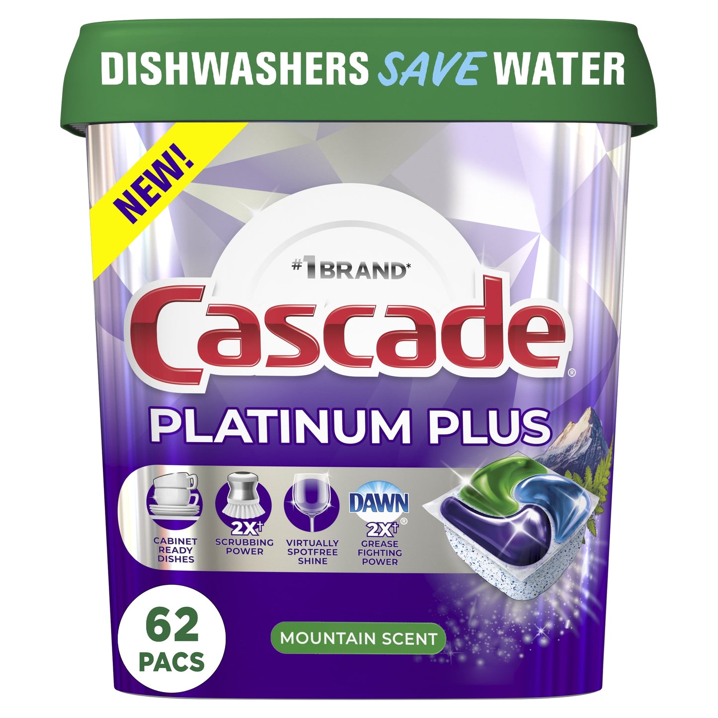 Cascade Platinum plus Dishwasher Pods, Action Pacs Dishwasher Detergent Tabs, Mountain, 62 Count