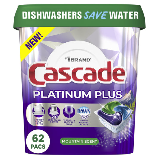 Cascade Platinum plus Dishwasher Pods, Action Pacs Dishwasher Detergent Tabs, Mountain, 62 Count