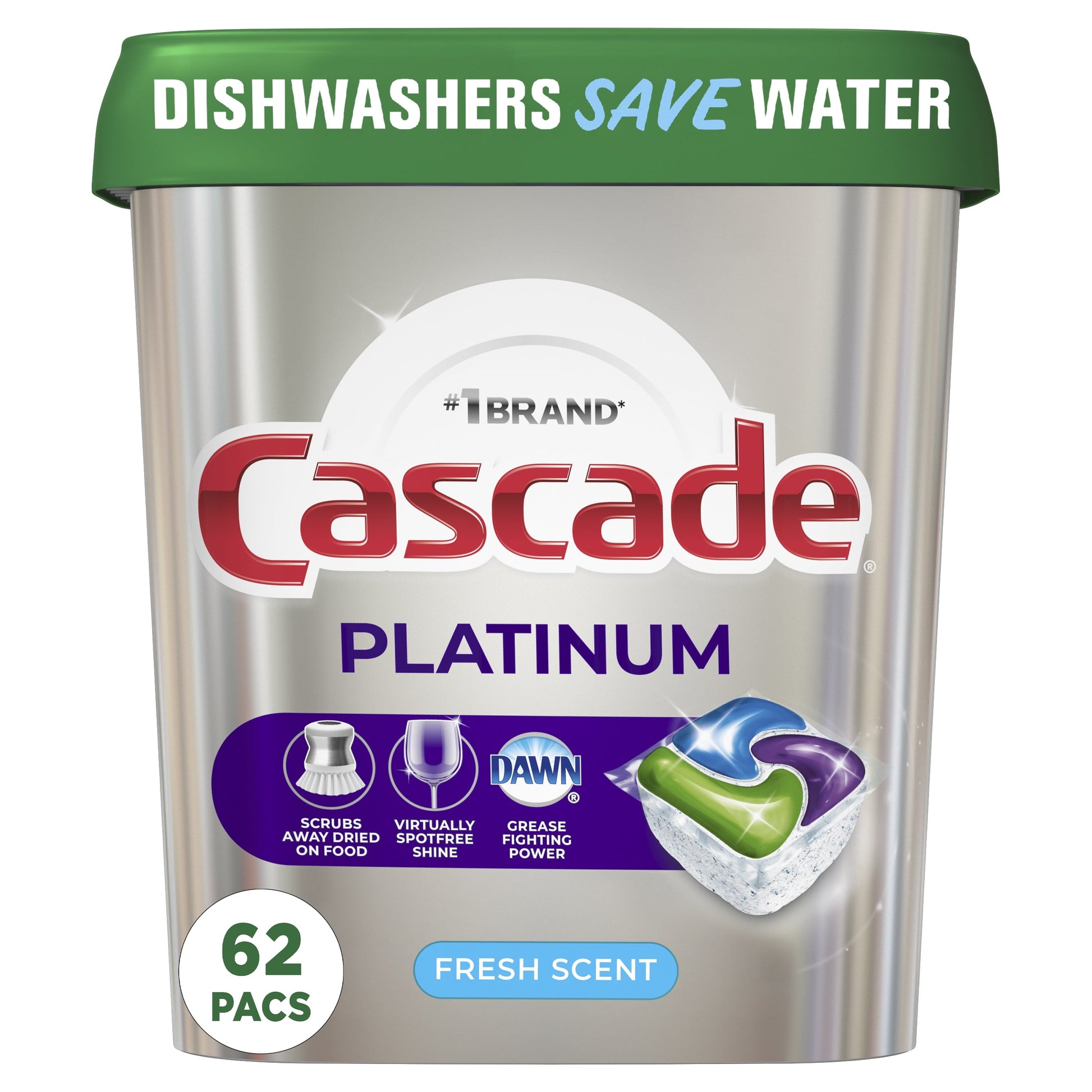 Cascade Platinum Dishwasher Pods, Action Pacs Dishwasher Detergent, Dishwasher Tabs, Fresh, 62 Count