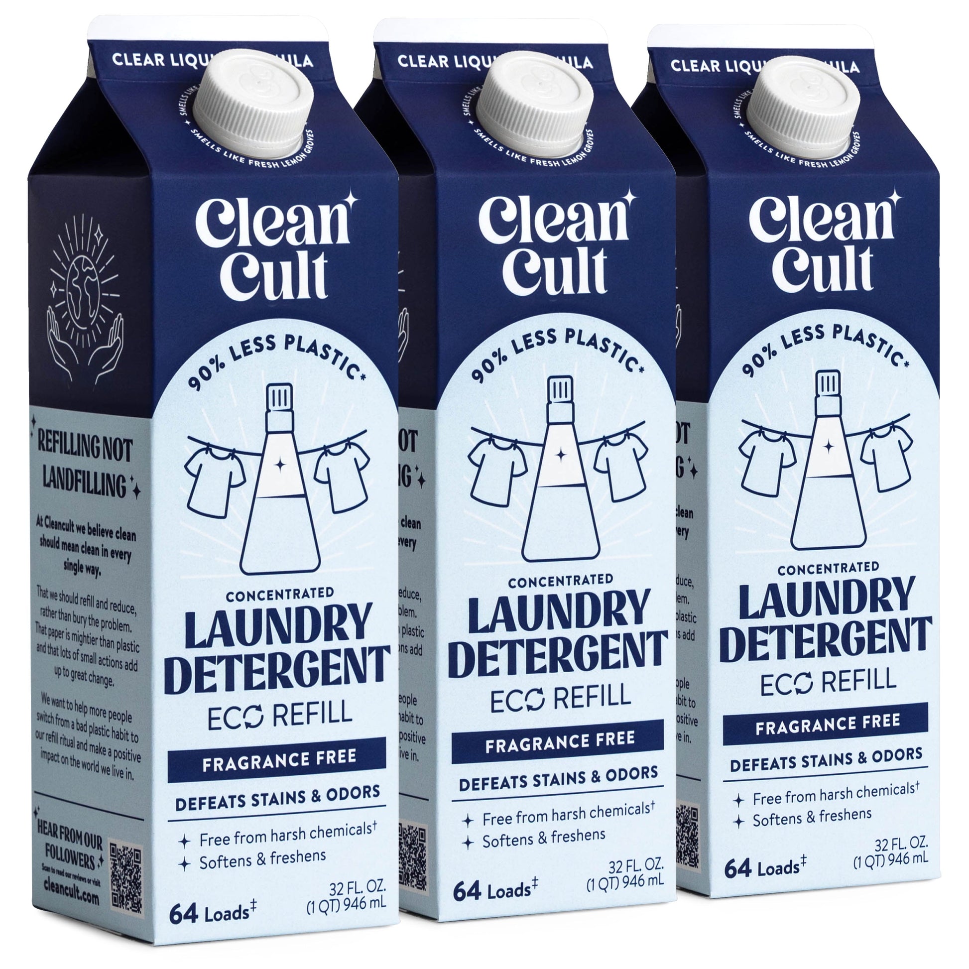 Cleancult Laundry Detergent Refill, Nature-Inspired Ingredients, Unscented, 3 Pack, 32 Oz