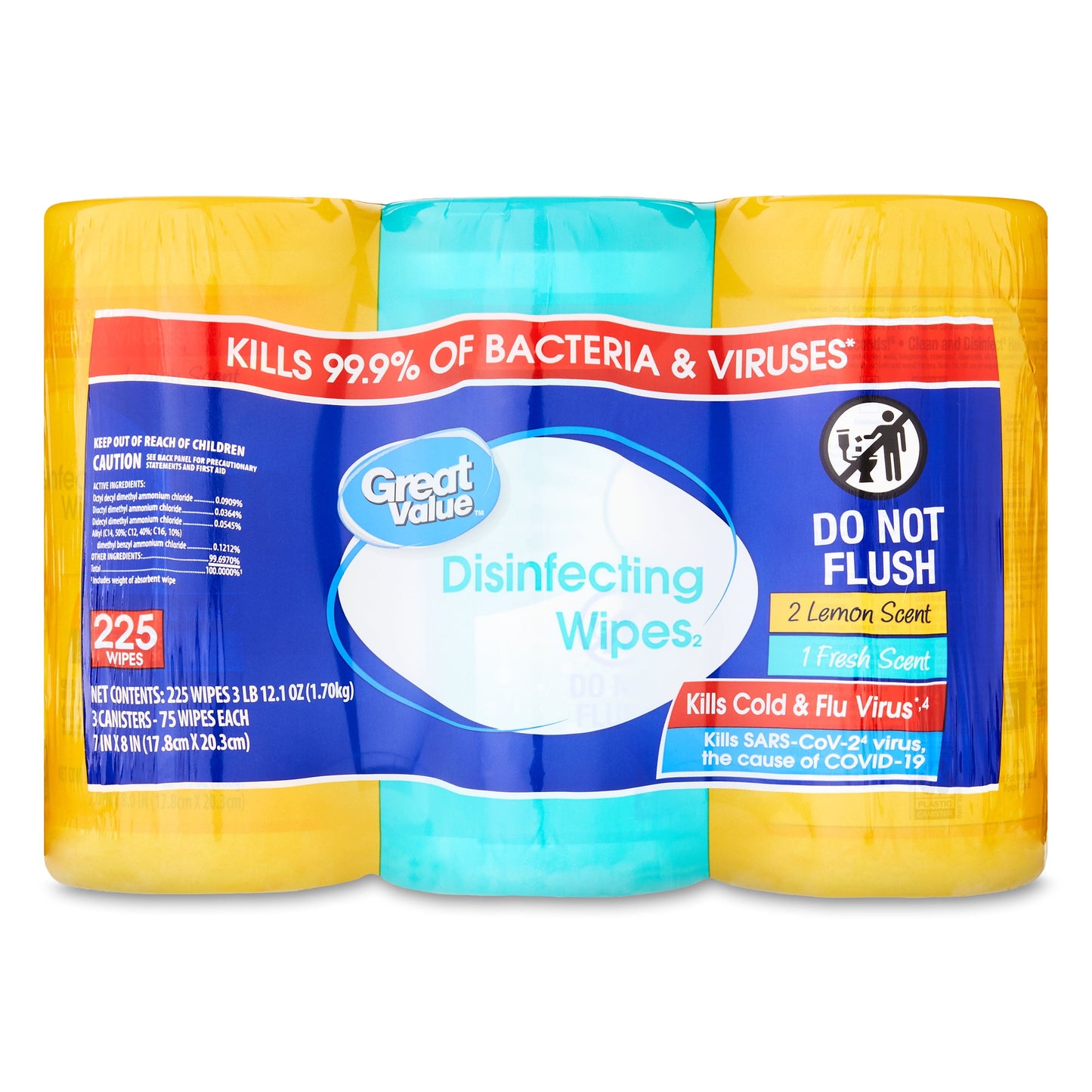 Great Value Disinfecting Wipes, Lemon and Fresh Scent, 225 Count, 3 Pack