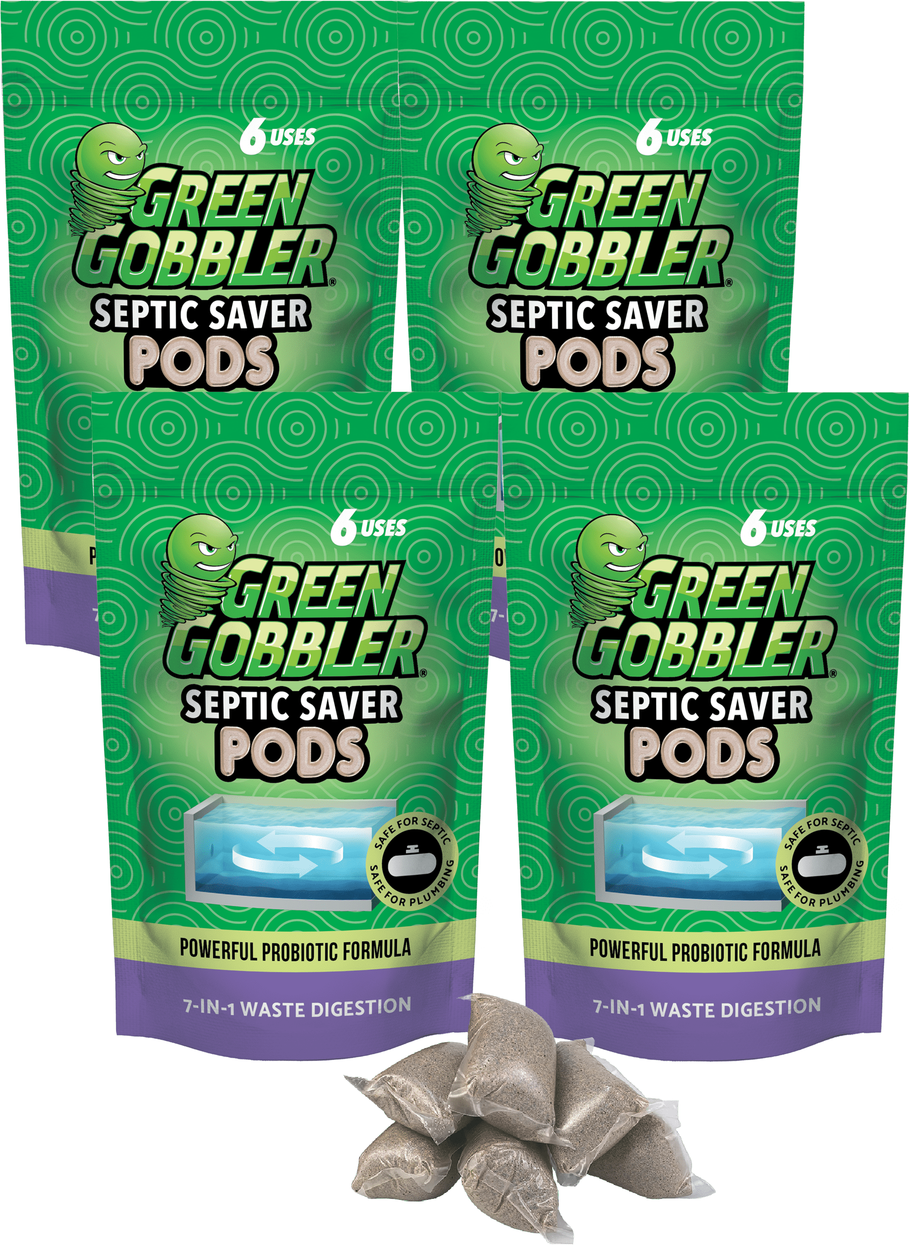 Green Gobbler Septic Saver Bacteria Enzyme Pacs | 2 Year Septic Tank Supply | Septic Tank Treatment Packets, 4 Pack