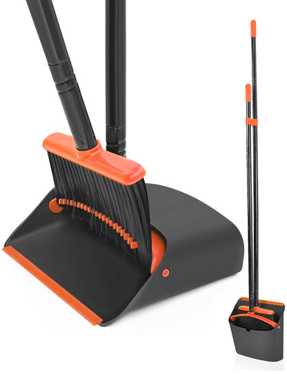 JEHONN Broom and Dustpan Set for Home, Long Handle Lightweight Broom Set with Comb Teeth (Orange Black)