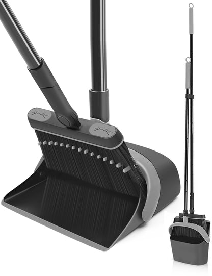 JEHONN Dustpan and Broom Set with 54 Inches Long Handle (Black Grey)