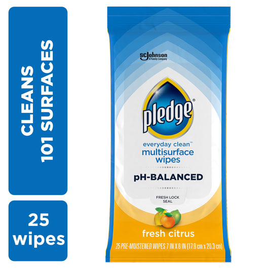 Pledge® Multisurface Wipes, Everyday Clean™ Household Cleaning Cloths, Fresh Citrus Scent, 25 PC