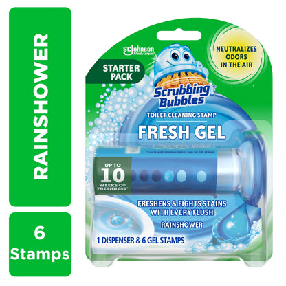 Scrubbing Bubbles Fresh Gel Toilet Bowl Cleaning Stamp, Rainshower, Dispenser with 6 Gel Stamps, 1.34 Oz