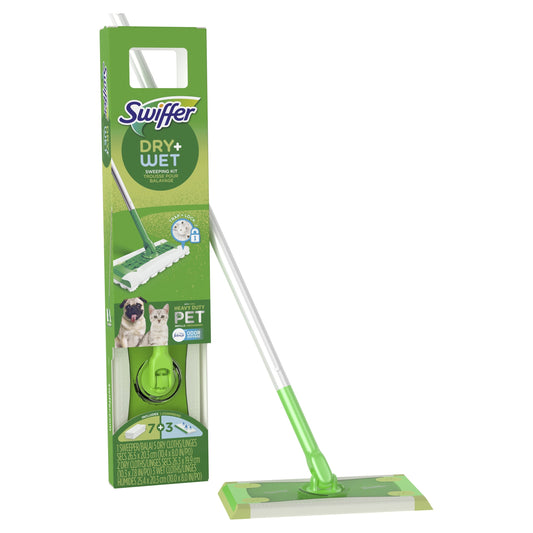 Swiffer Sweeper Pet Heavy Duty Dry + Wet All Purpose Floor Mopping and Cleaning Starter Kit Includes 1 Mop, 10 Refills