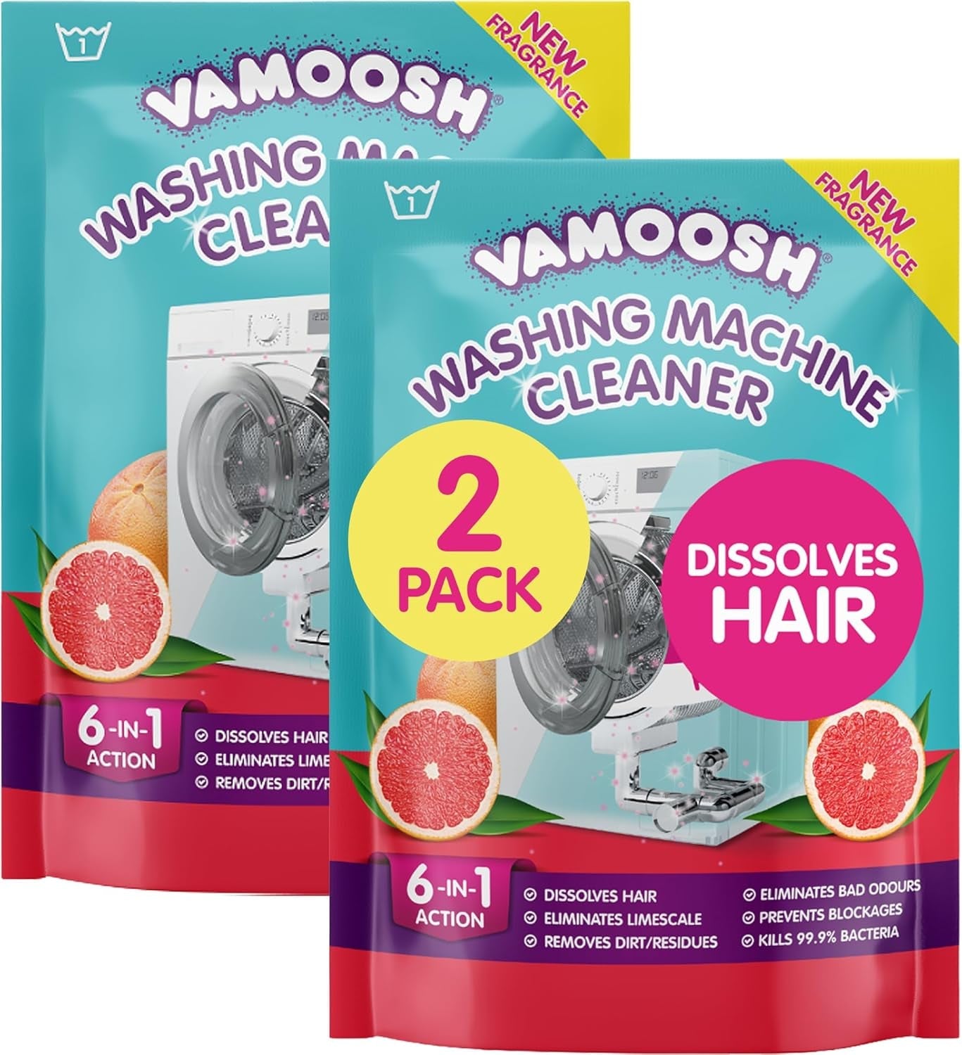 Vamoosh 6-In-1 Washing Machine Cleaner, Dissolves Hair, Eliminates Bad Odours, Removes Limescale, Deep Clean, Leaves Smelling Fresh, Antibacterial, Descales (Lemon, Single Pack)