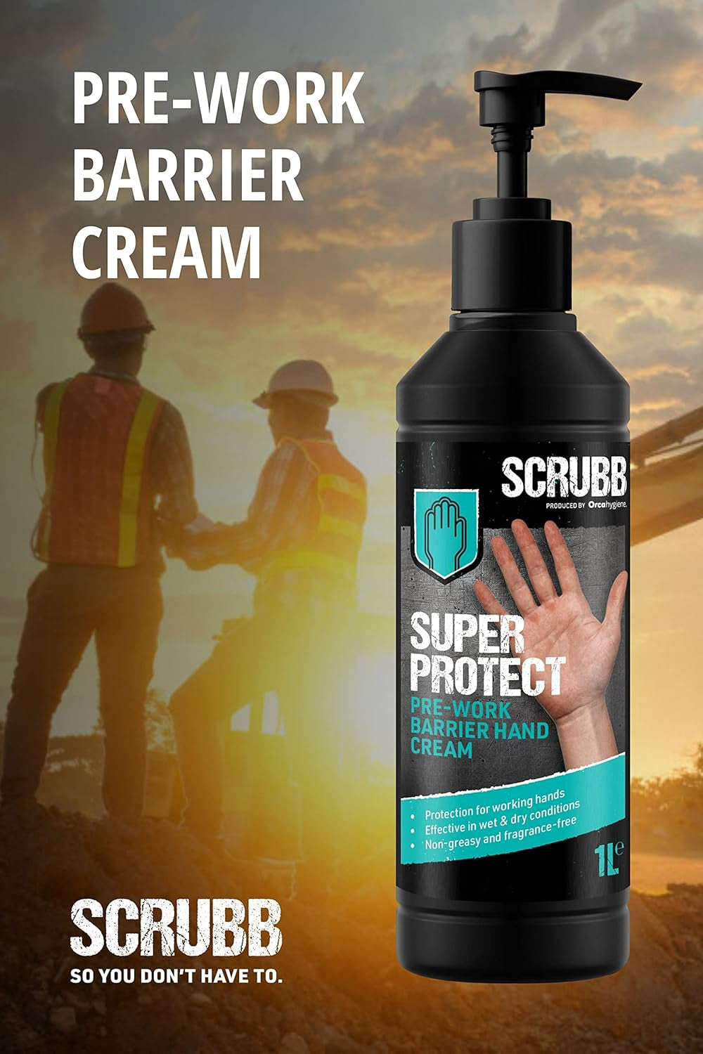 SCRUBB Super Protect Pre-Work Barrier Hand Cream Moisturiser, Non-Greasy, Fragrance-Free, 1L Pump Top Bottle