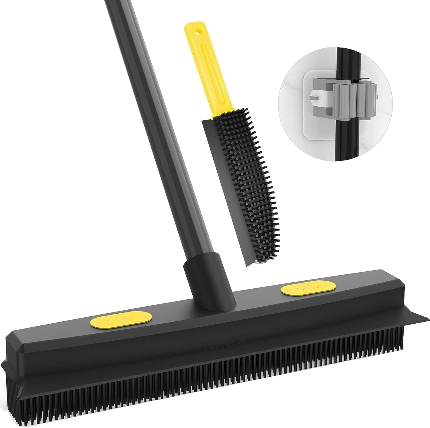 WELDUN Rubber Broom Telescoping Handle 142Cm Rubber Brush Pet Hair Removal Broom, Fur Remover Broom with Squeegee and Handle, Detailing Brush, Dog Hair Remover for Carpets, Couch, Yellow/Black