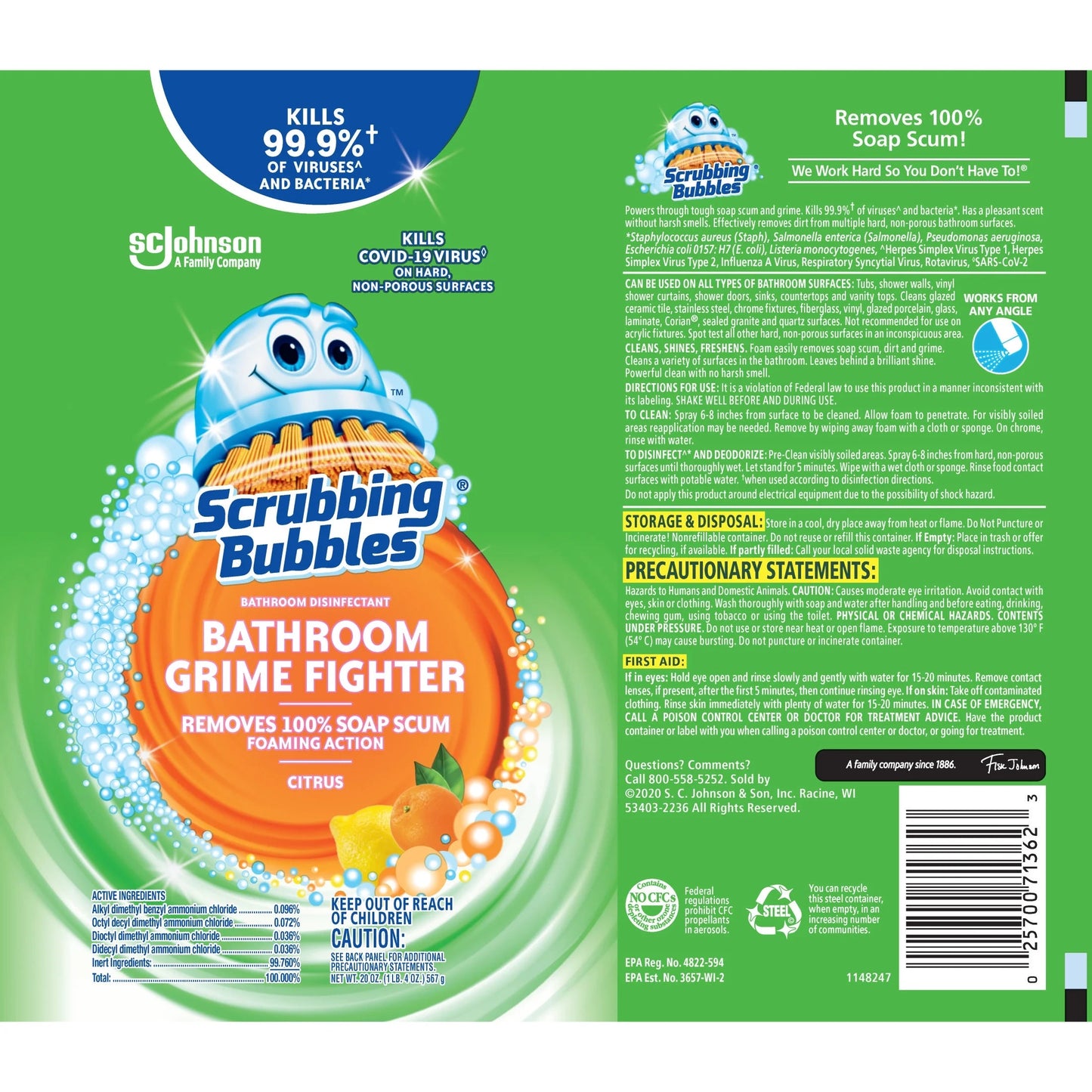 Scrubbing Bubbles Bathroom Grime Fighter Disinfectant Cleaner Aerosol, Citrus, 20 Oz, 1 Count