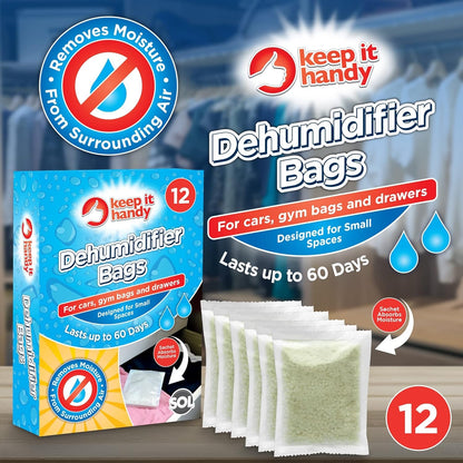 SOL 12Pk Dehumidifier Bags - Interior Dehumidifiers Disposable for Home, Wardrobe & Car - Moisture Absorbers with Damp Control & Odor Removal - Compact & Portable - Fits in Small Area