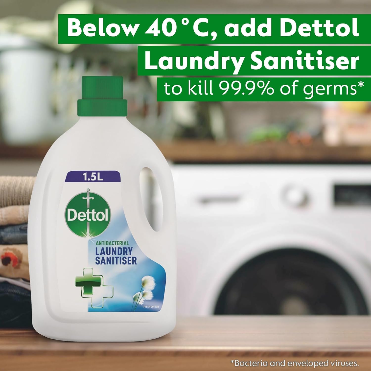 Dettol Laundry Sanitiser, Fresh Cotton, 4 X 1.5L Multipack (6L Total), Antibacterial Disinfectant, Kills 99.99% of Germs, Cleanser for Hygienic Freshness