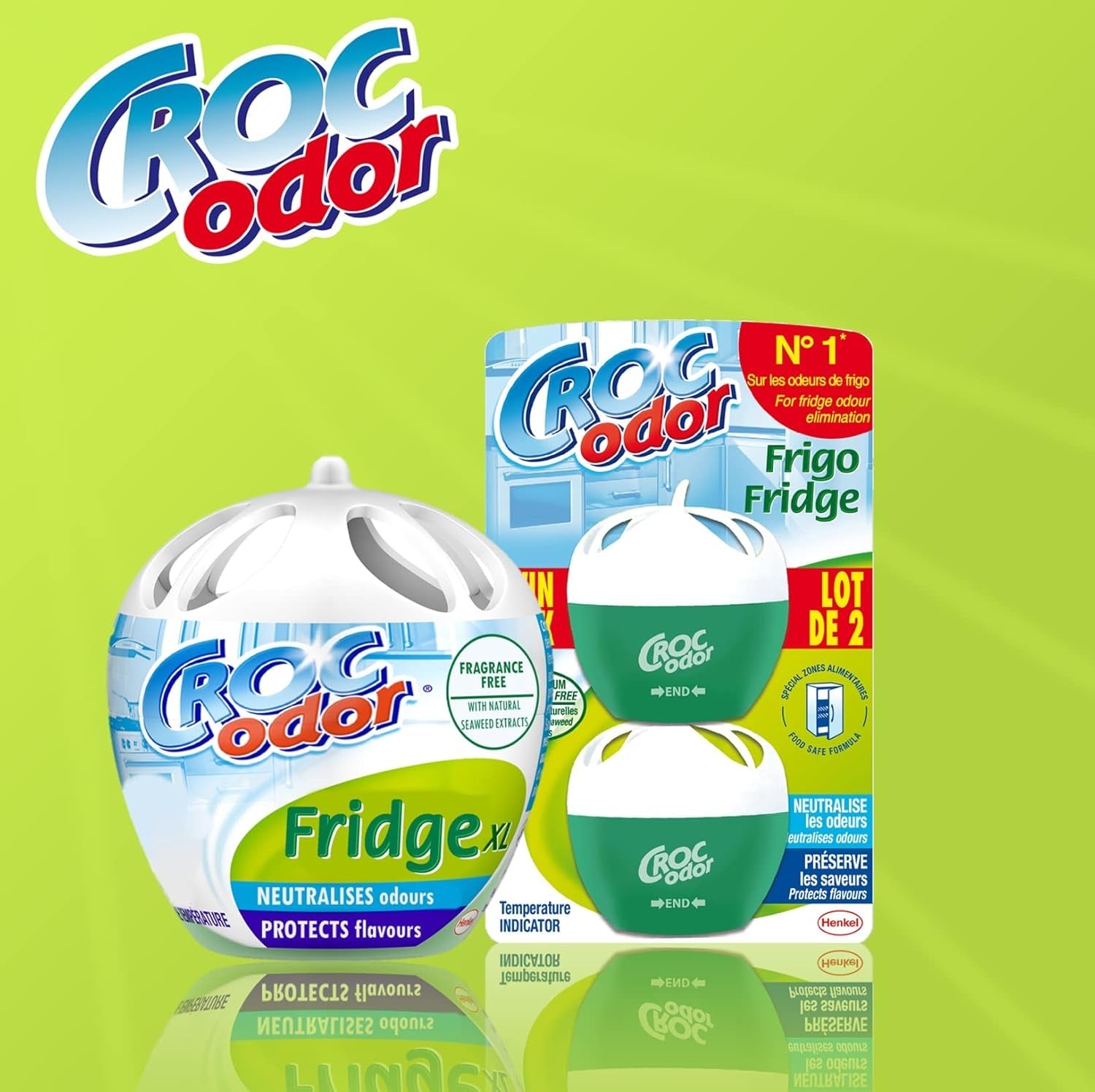 Croc'Odor Fridge Deodoriser, Twin Pack, Unscented, Food Safe Formular with Temperature Indicator - 2 X 33 G, Packaging May Vary