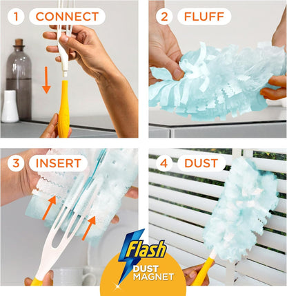 Flash Duster Dust Magnet Starter Kit, Dusters, 1 Handle + 14 Refills, Trap and Lock Away Dust, Dirt and Hair in No Time, Flash Dust Magnet Refill