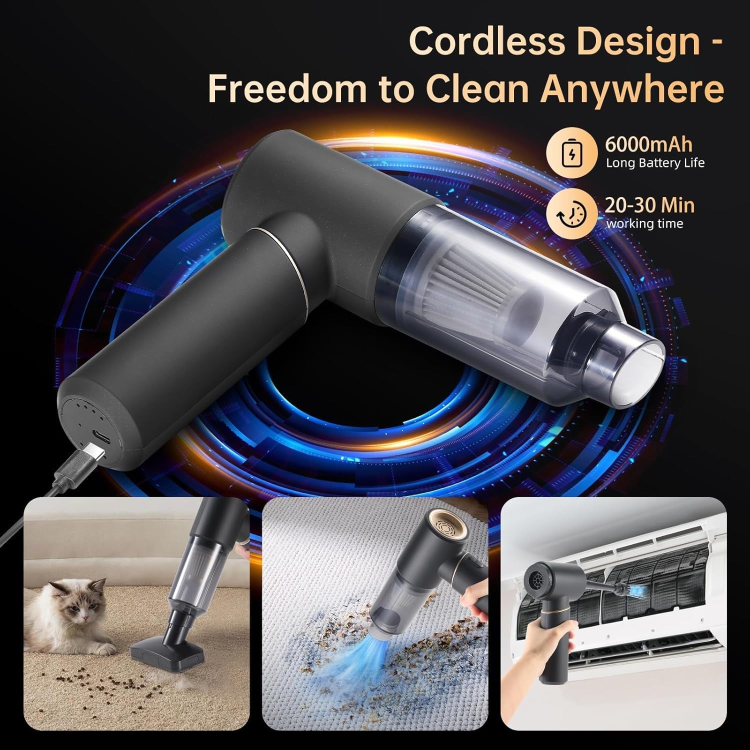 SEVNDE Handheld Vacuum Cleaner, 12000Pa Portable Cordless Lightweight Mini Vacuum Cleaner, with Brushless Motor USB Car Vacuum Cleaner Car Cleaner, Cleaning for Kitchen, Car, Home, Pet Hair