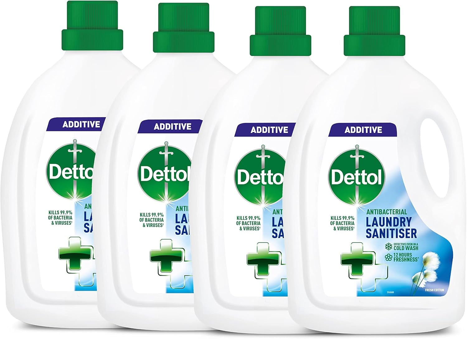 Dettol Laundry Sanitiser, Fresh Cotton, 4 X 1.5L Multipack (6L Total), Antibacterial Disinfectant, Kills 99.99% of Germs, Cleanser for Hygienic Freshness