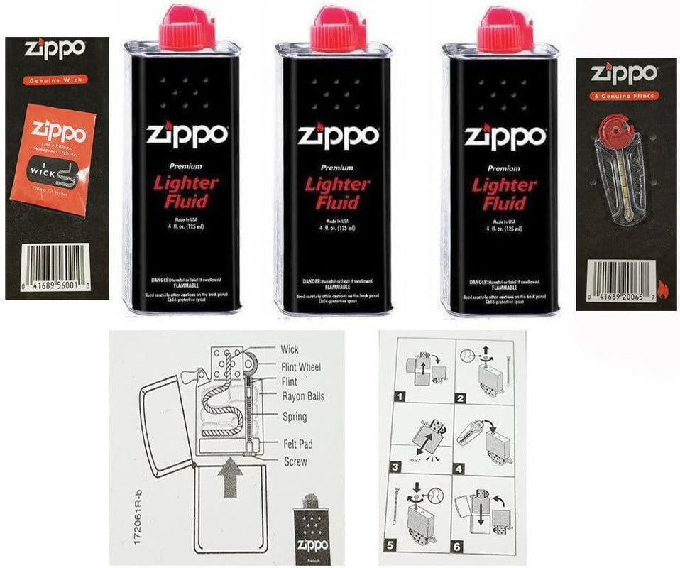 3 X Zippo Lighter Fluid Fuel Petrol 125Ml Tin + Wick + 6 Flints