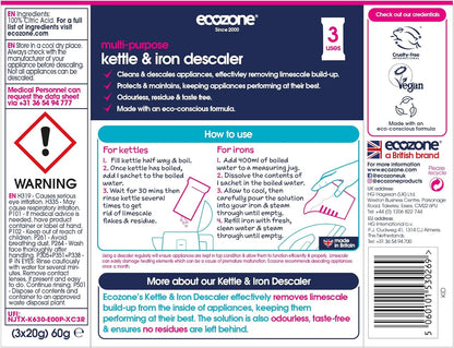 Ecozone Kettle and Iron Descaler, Internal Cleaner & Scale Remover for Kitchen & Home Appliances, Limescale Prevention Sachets, Easy to Use, Natural Vegan & Non Toxic Eco-Safe Formula (3 Treatments)