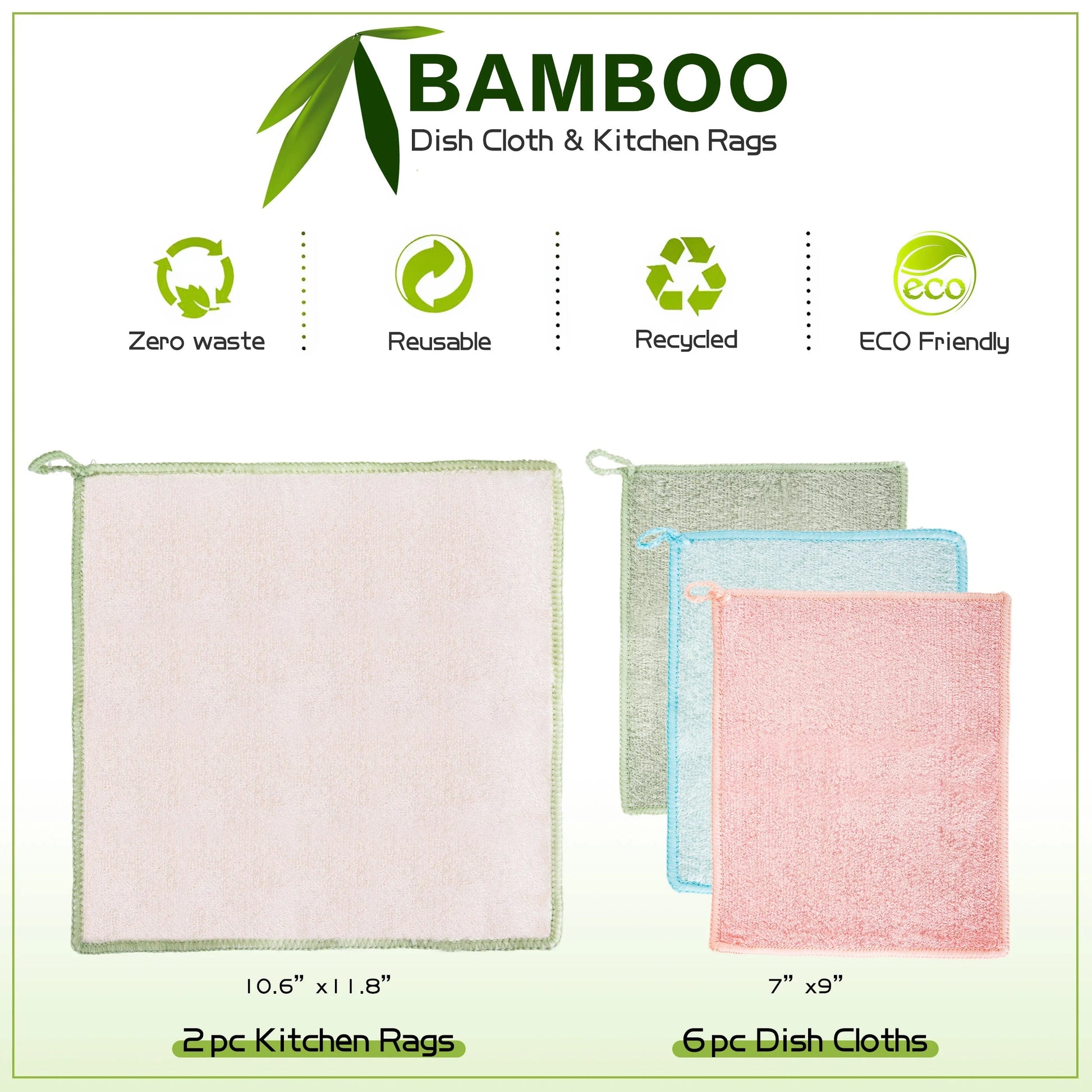 Enviro Safe Home - Bamboo Dish Cloths & Kitchen Rags - 8Pcs