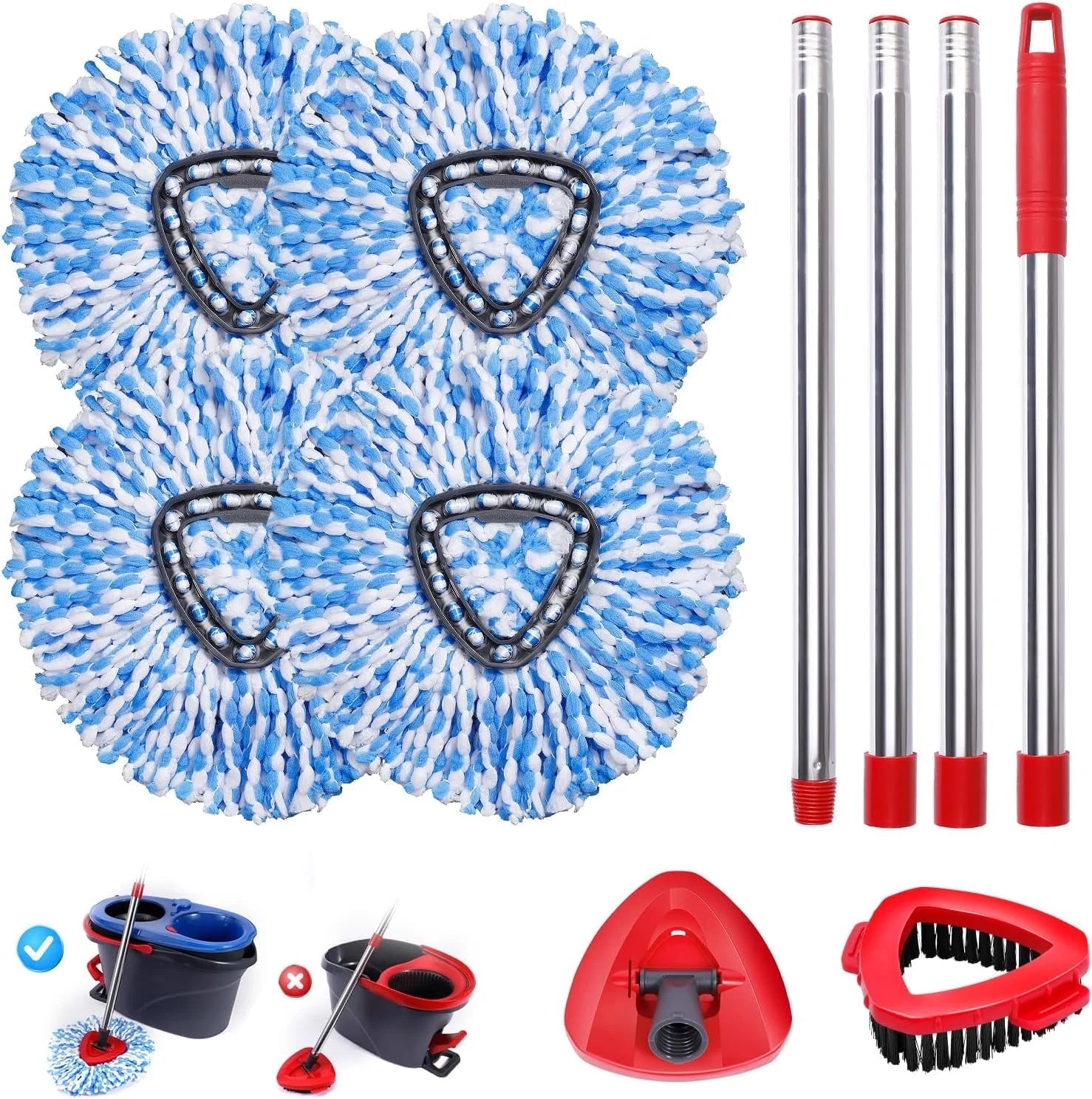 Spin Mop Replace Head for O-Cedar 2 Tank System,Upgraded Scrub Brush Mop Replacement Head for Ocedar, 6 Microfiber Mop Refills, 1 Mop Base and 1 Mop Base Cleaning Brush Combo Set