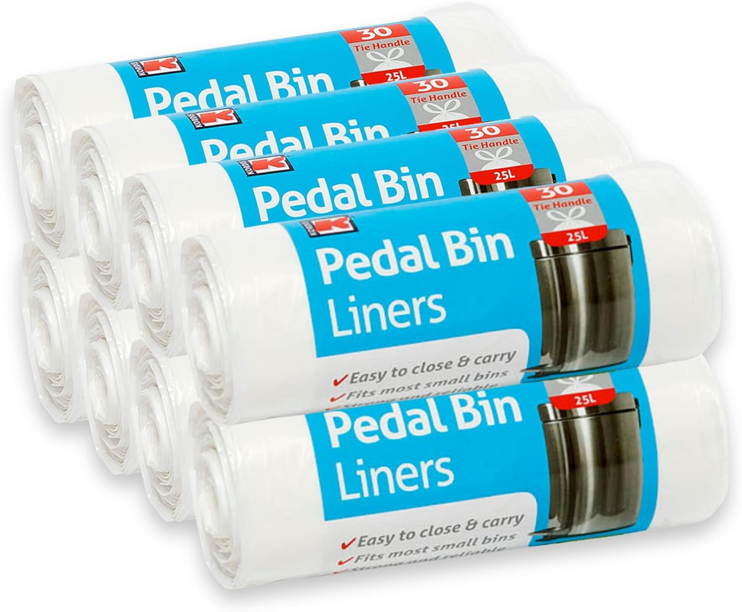 Kordis Strong Tie Handle Pedal Bin Liners - 6 X 30 Bags. 25L White Plastic Bin Bag Liners for Bedroom, Bathroom, Office, Mini Trash Can & Small Bins. 180 Unscented Garbage Bags (53 X 70Cm)