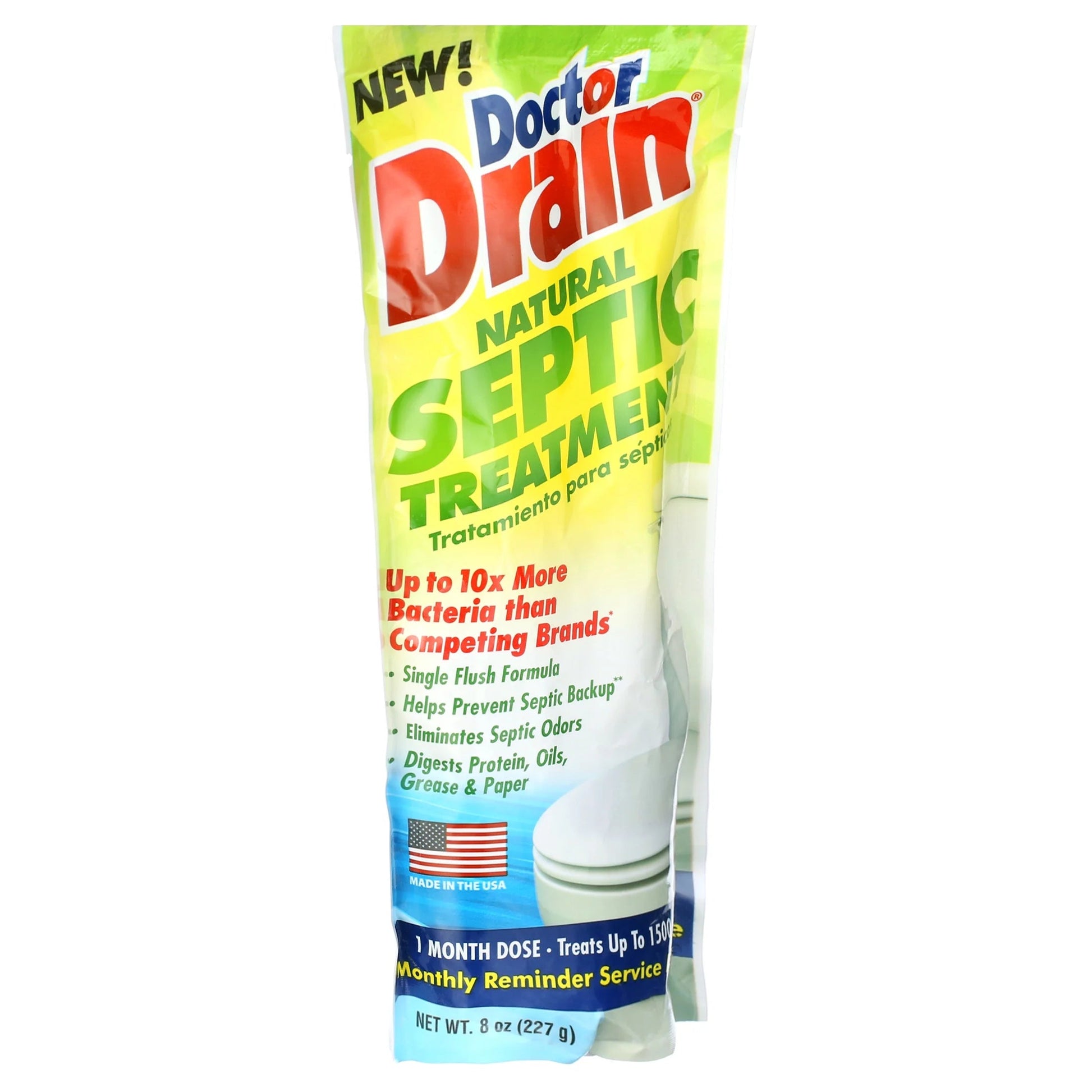 Doctor Drain Natural Septic Tank Treatment, Monthly, Single Flush, 1500 Gallon Concentrate Formula, 1 Pouch, 8Oz