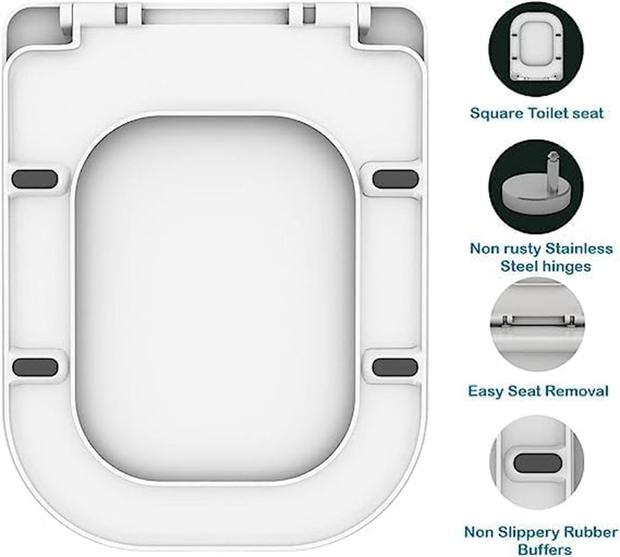 Rectangular Square Toilet Seat Soft Close Toilet Seat Quick Release Loo Seat Easy Cleaning, Easy Installation with Adjustable Hinges White (42Cm L X 36Cm W), Plastic