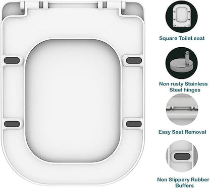 Rectangular Square Toilet Seat Soft Close Toilet Seat Quick Release Loo Seat Easy Cleaning, Easy Installation with Adjustable Hinges White (42Cm L X 36Cm W), Plastic