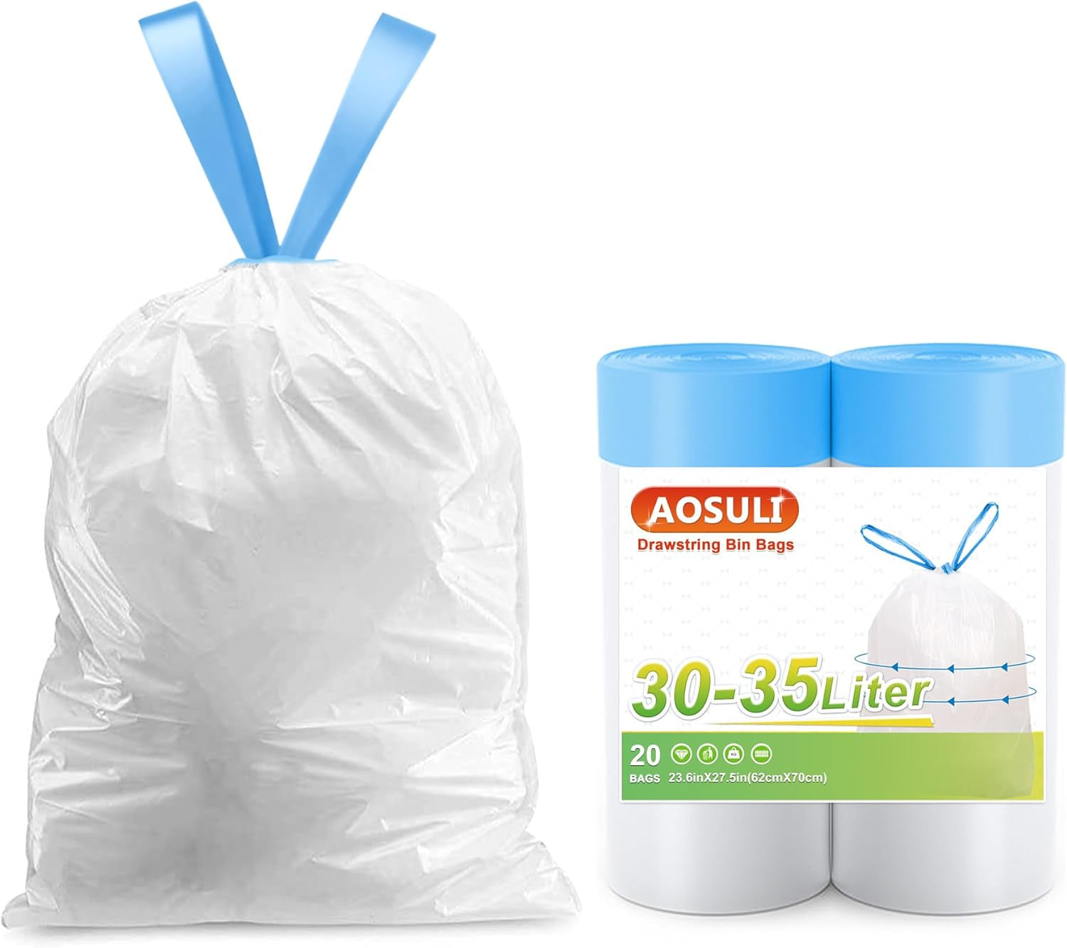 Bin Bags 20L with Drawstring Tie Handle,Aosuli White Bin Liners/Strong Trash Bags