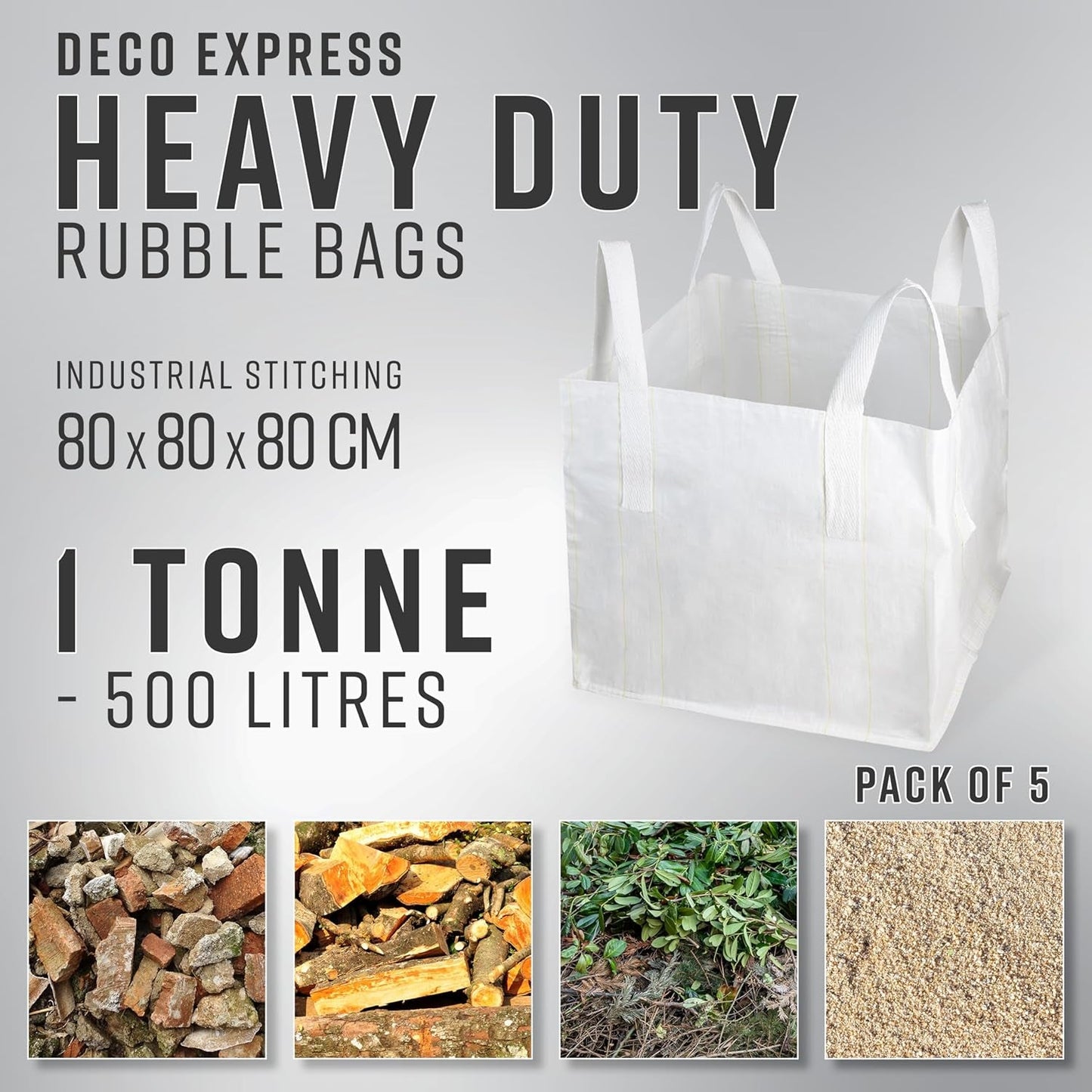 Deco Express Commercial Waste Bags 500L Heavy Duty Industrial Fabric FIBC Builders Bags with Handles, 1 or 1.5 Tonnes, White, 80 X 80 X 80 Cm (White 1T - 5 Pack)