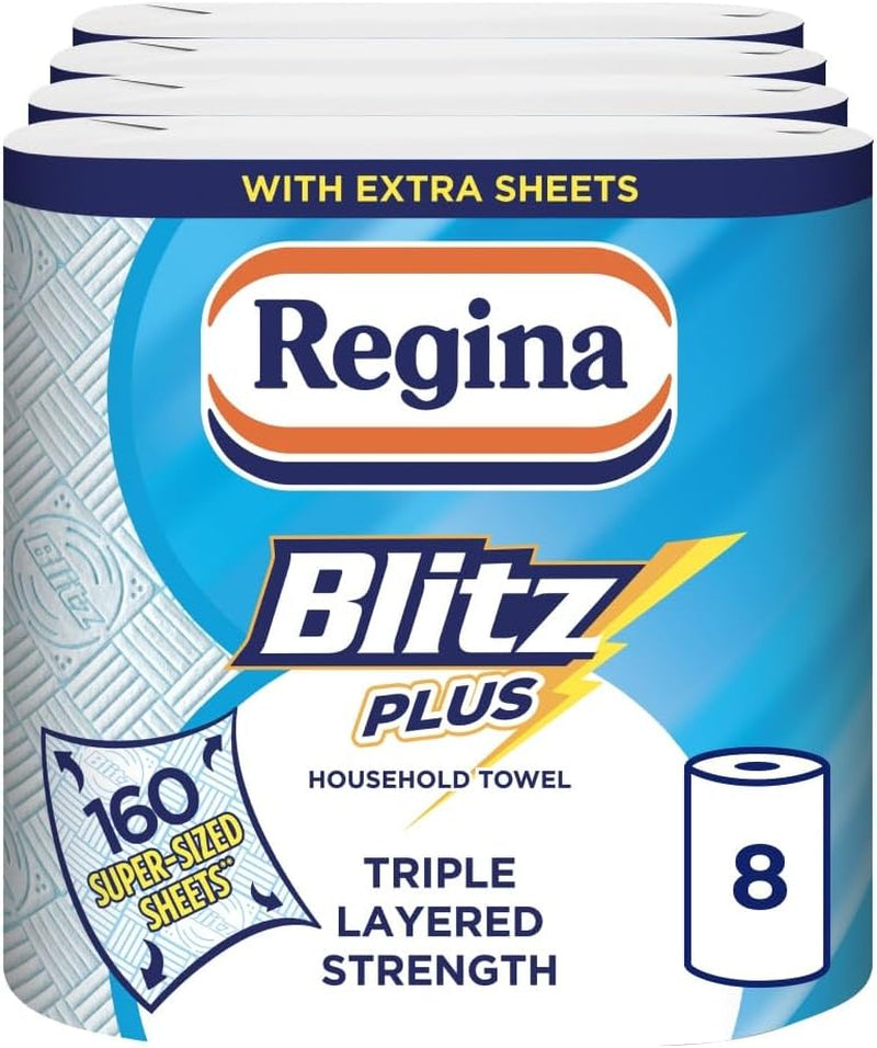 Regina Blitz Household Towels – 12 Rolls per Pack, 3-Ply Kitchen Roll, 70 Sheets per Roll, Paper Packaging, FSC Certified Paper, Recyclable Packaging, 60% Larger than Standard Kitchen Roll Sheets