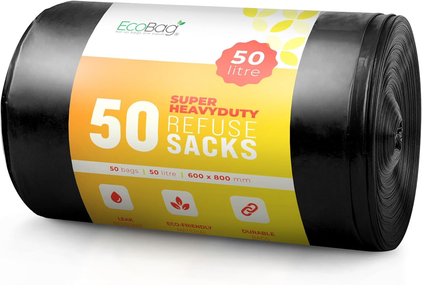 Ecobag - 50 Pack Extra Strong Heavy Duty Refuse Sacks - Recyclable Bin Bags, Leak Resistant, Eco-Friendly, Durable Waste Disposal Bags for Household & Commercial Use