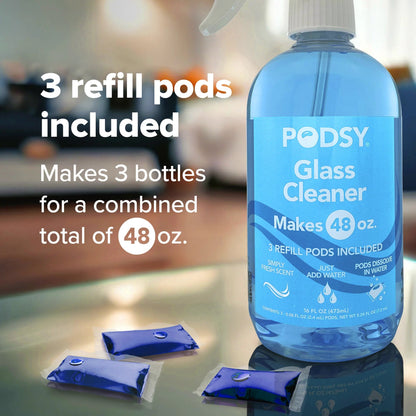 Podsy Glass Cleaning Set, Simply Fresh Scent, 16 Fl Oz Bottle and 3 Refill Pods Make 48Oz, Just Add Water