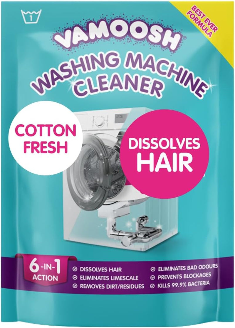 Vamoosh 6-In-1 Washing Machine Cleaner, Dissolves Hair, Eliminates Bad Odours, Removes Limescale, Deep Clean, Leaves Smelling Fresh, Antibacterial, Descales (Lemon, Single Pack)