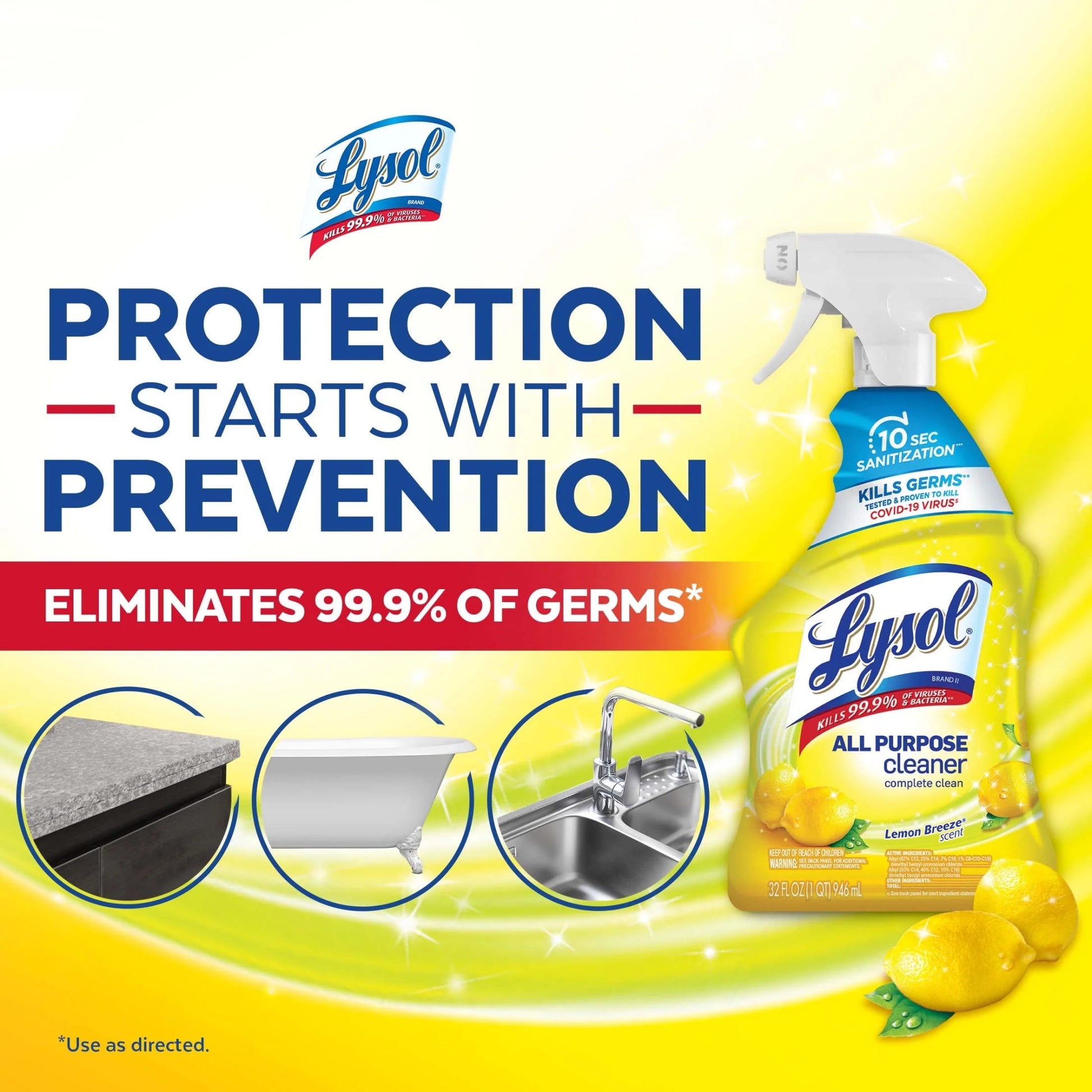 Lysol All-Purpose Cleaner, Sanitizing and Disinfecting Spray, 32 Oz Lemon Breeze Scent, Bottle