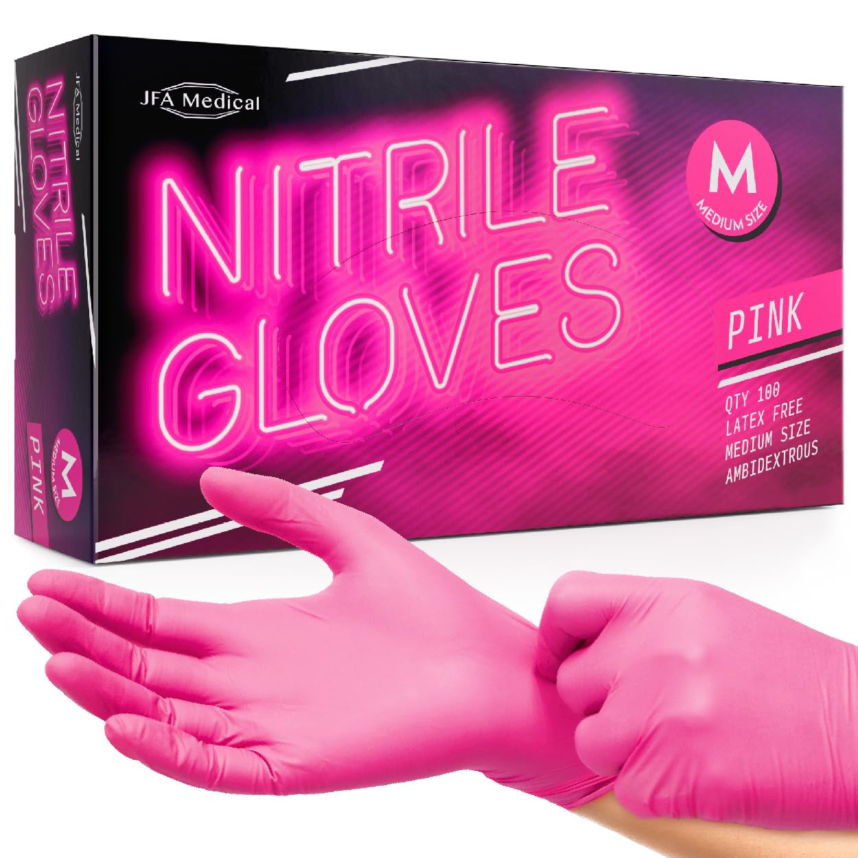 JFA Medical Medium Size Disposable Powder Free Pink Nitrile Gloves - Box of 100