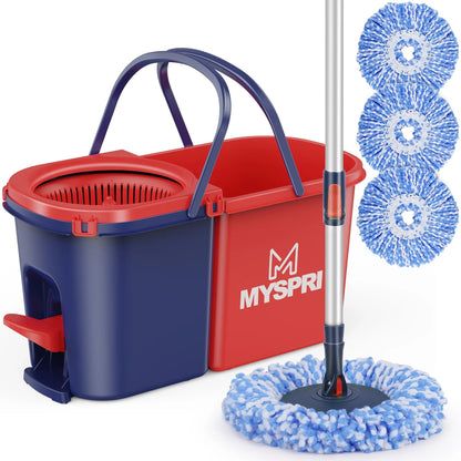 MYSPRI Spin Mop and Bucket System with Wringer Set for Floor, Separate Clean and Dirty Water, 3 Microfiber Mop Pads