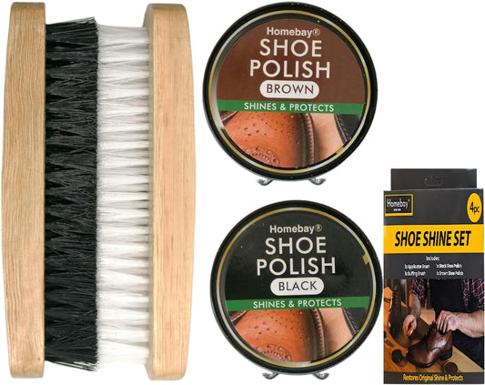 4Pc Boot Brush & Wax Polish Set (Black & Brown) | Traditional Leather Shoe Polish Shine Kit Boot Polish Brush Kit - Includes Applicator Shoe Brush, Buffing Brush, Black & Brown Polish