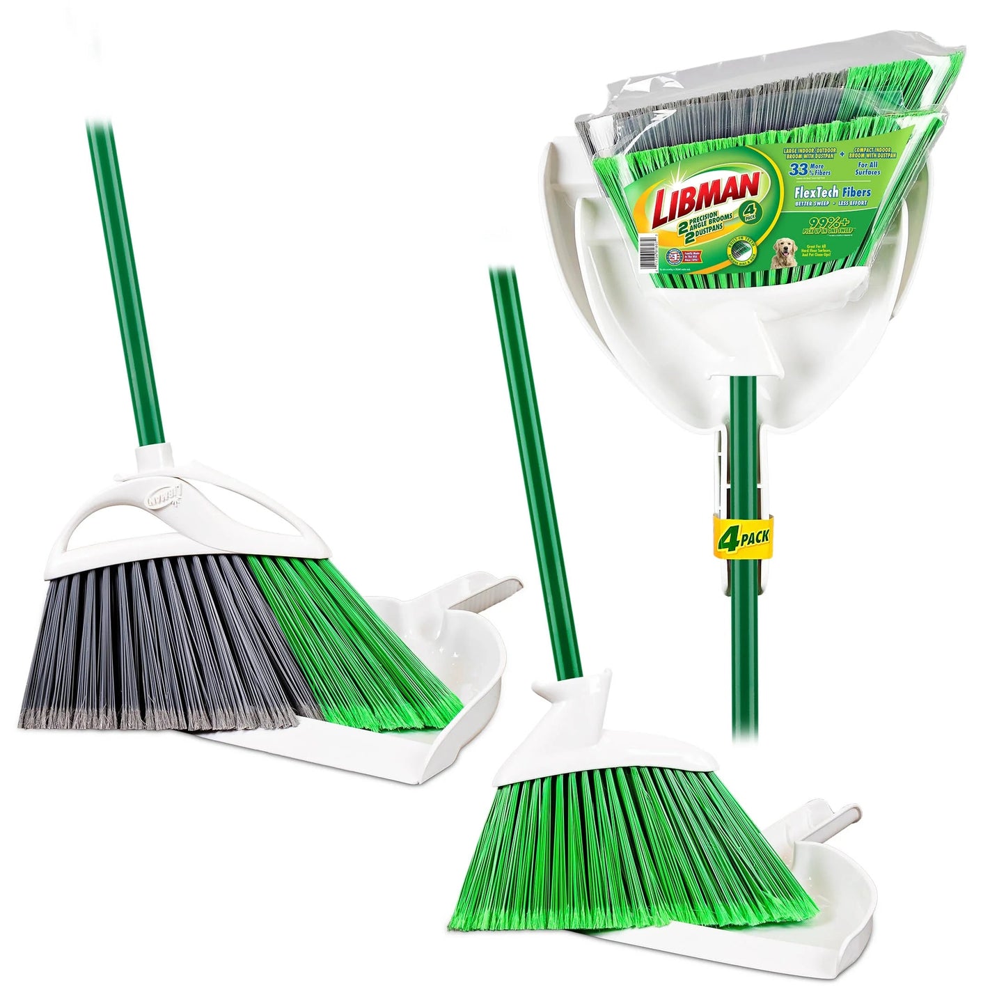 Libman Angle Brooms and Dust Pans Value Pack Green / White Steel Handle (2 Brooms 2 Dustpans)