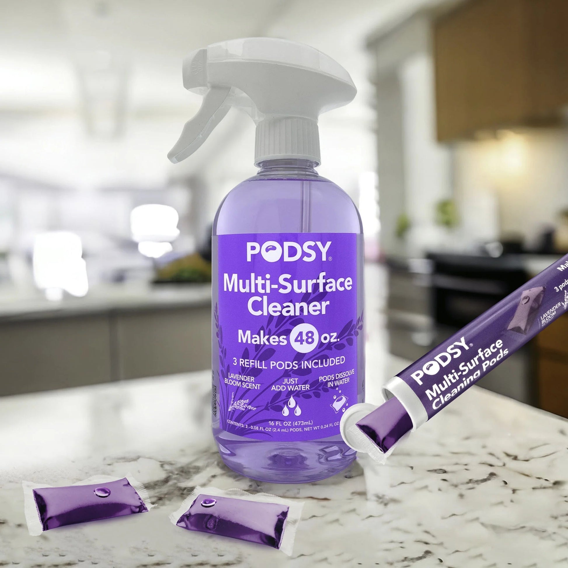 Podsy Multi-Surface Cleaning Set, 16 Fl Oz Bottle and 3 Refill Pods Make 48Oz, Just Add Water, Lavender Bloom Scent