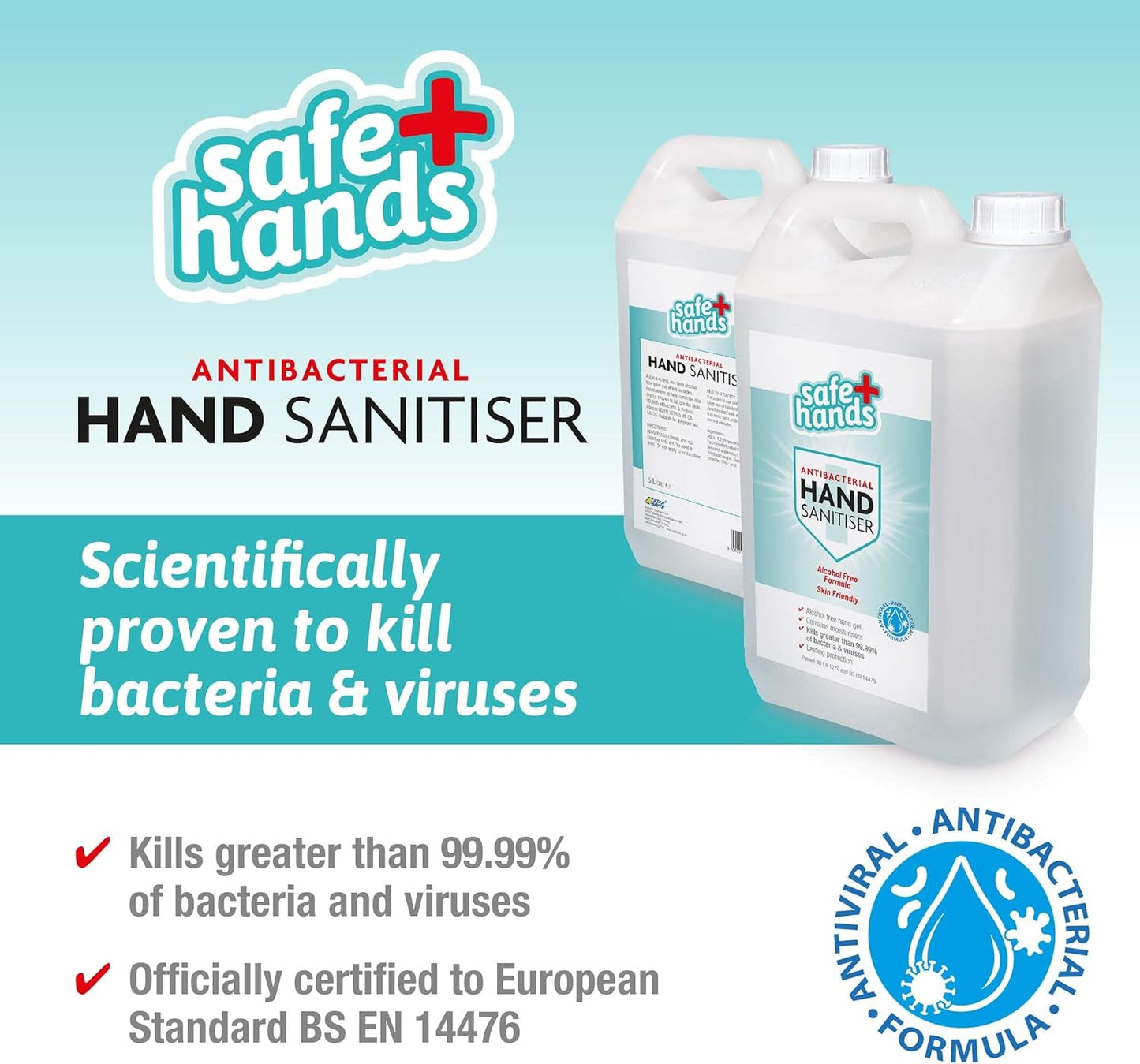 Safe Hands Hand Sanitiser Gel | Alcohol Free | 5 Litre (2 Pack) with 2 Manual Dispenser Pumps | Antibacterial & Antiviral Non Alcohol Hand Sanitizer | Contains Moisturisers