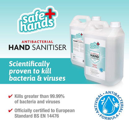 Safe Hands Hand Sanitiser Gel | Alcohol Free | 5 Litre (2 Pack) with 2 Manual Dispenser Pumps | Antibacterial & Antiviral Non Alcohol Hand Sanitizer | Contains Moisturisers