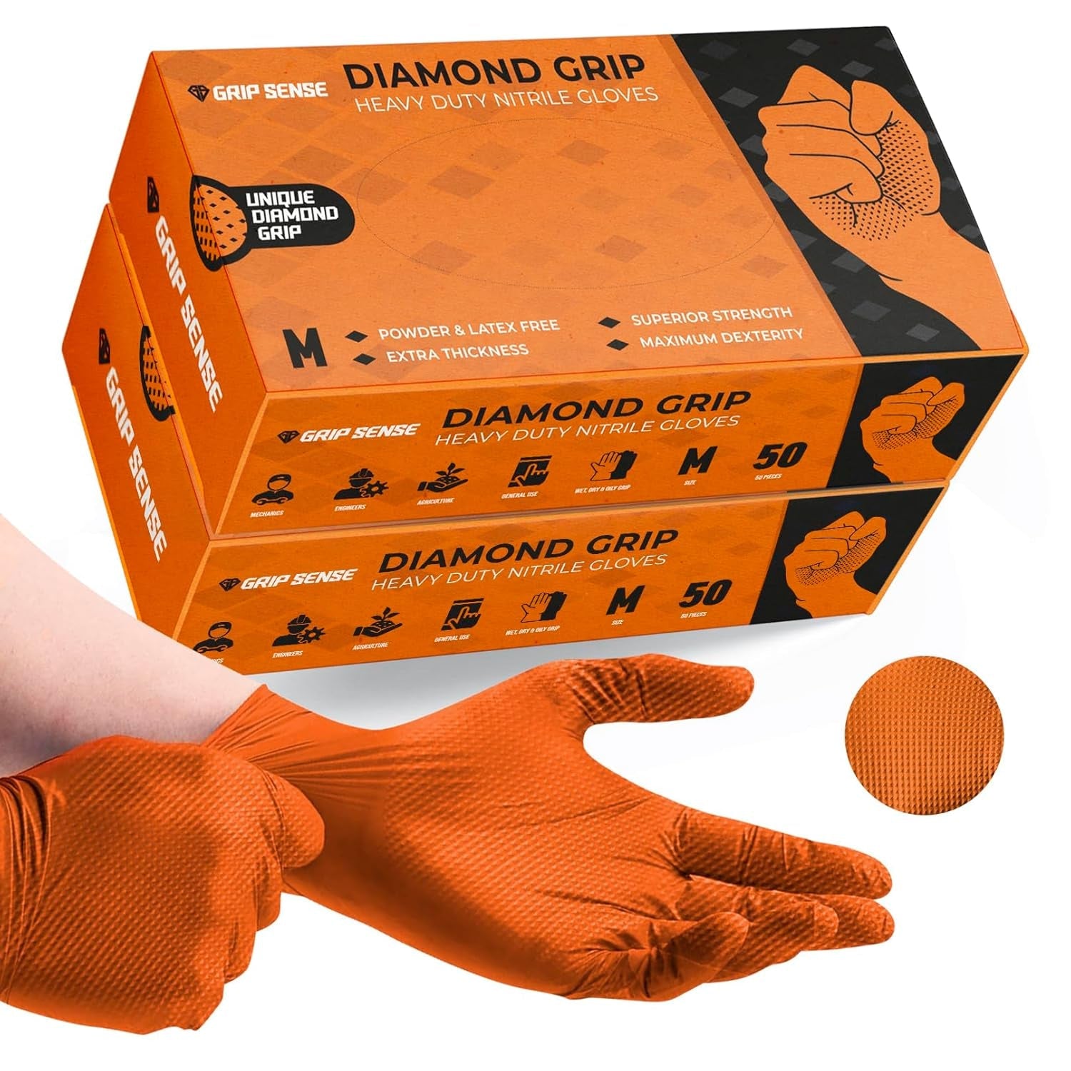 Gripsense Nitrile Gloves (2 Packs of 50) - High Density Diamond Grip Orange Gloves - Latex & Powder Free Orange Nitrile Gloves Large - Mechanic Gloves Extra Thick & Super Strong - Max Dexterity L5