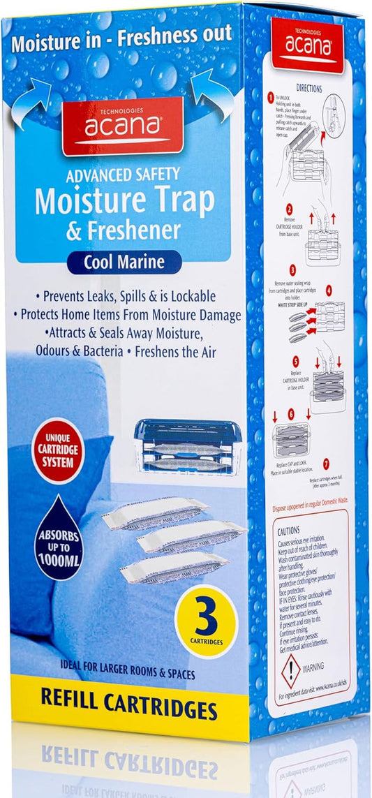 Acana Advanced Safety Moisture Trap & Freshener System Pack of 3 Refills - Dehumidifier for Damp & Mould | Moisture Absorber for Your Home, Caravan, Kitchen, Bathroom, Bedroom, Garage, Office