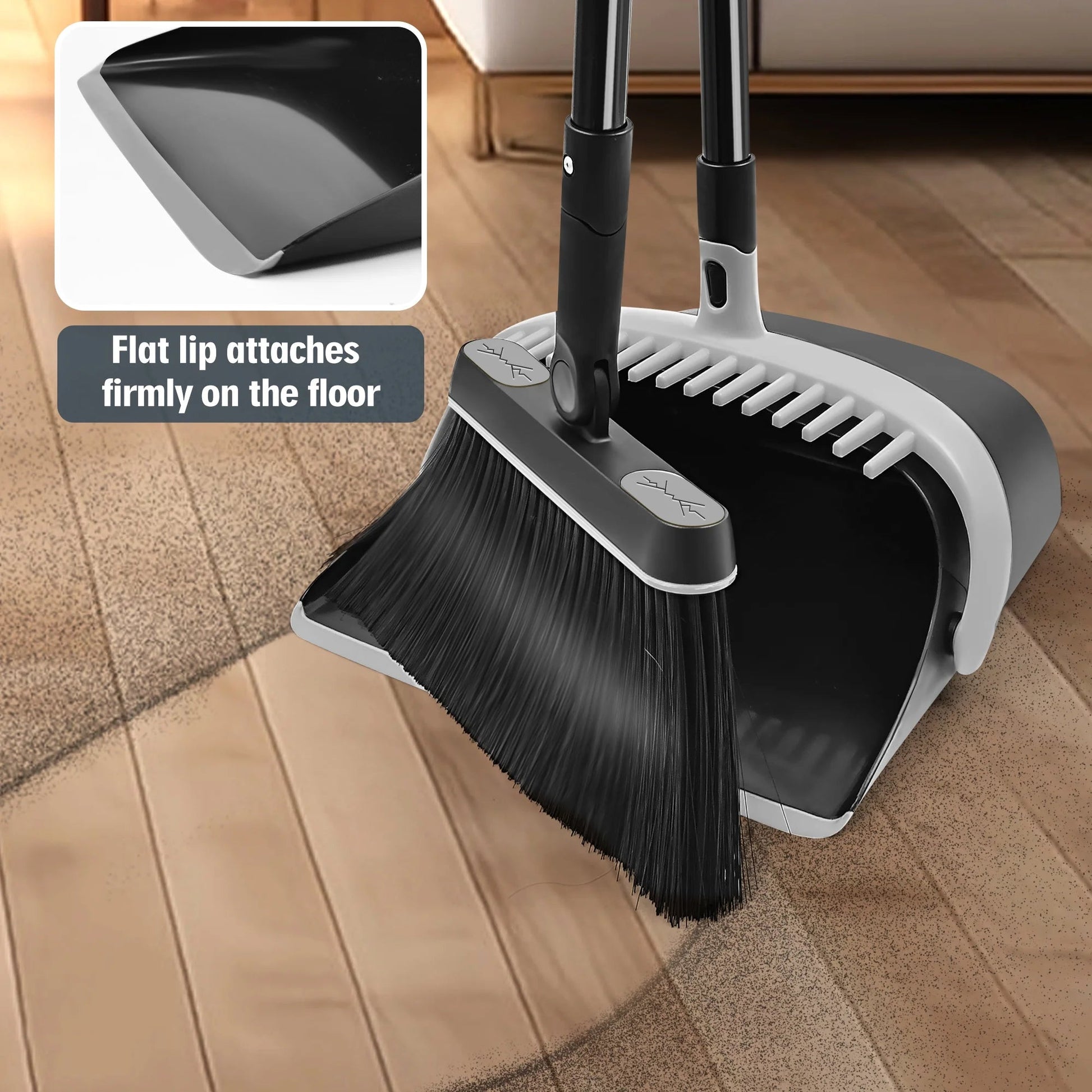 JEHONN Dustpan and Broom Set with 54 Inches Long Handle (Black Grey)